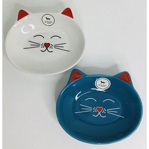 2 White Blue Food Water Dish Oscar Cat Face Whiskers Park Life Designs